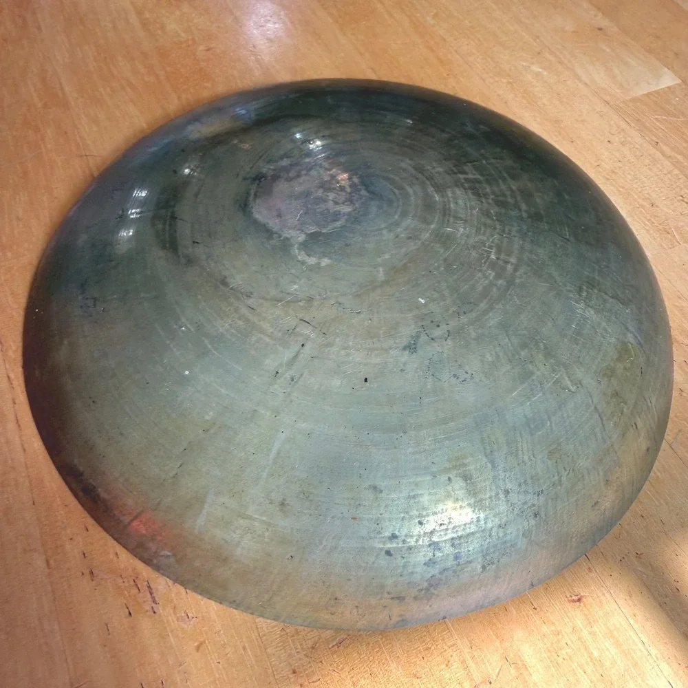Vintage Etched Brass Chinese Dragon and Phoenix Shallow Bowl 8.25 Inch Patina